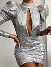 Round-Neck Long Sleeve Holloe Sequined Fashion Mini Dress