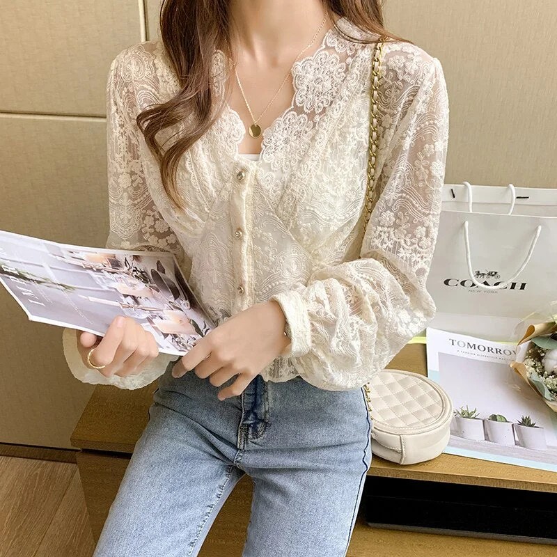 Spring Floral Embroidery Women Blouse Korean New Lace Long Sleeve Shirt Fashion Ladies V Neck Slim Hollow Base Chiffon Top 13515