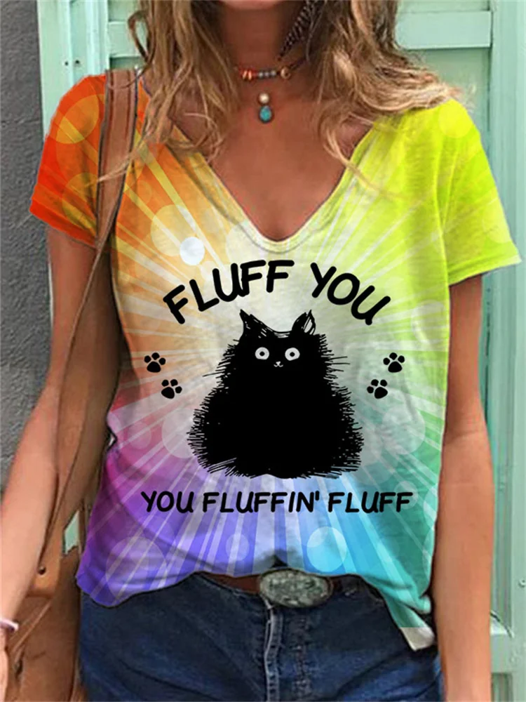 Fluffin Cat Print T Shirt