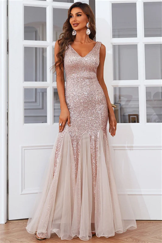 Luluslly V-Neck Sleeveless Evening Dress Mermaid Sequins With Tulle Ruffle YE0133
