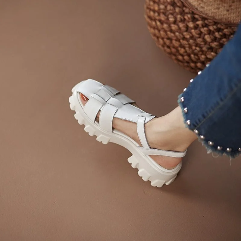 Vstacam  New Arrival 2022 Summer Women Sandals Covered Toe Platform Women Shoes Genuine Leather Wedges Shoes Solid Plus Size 42/43 Sandal