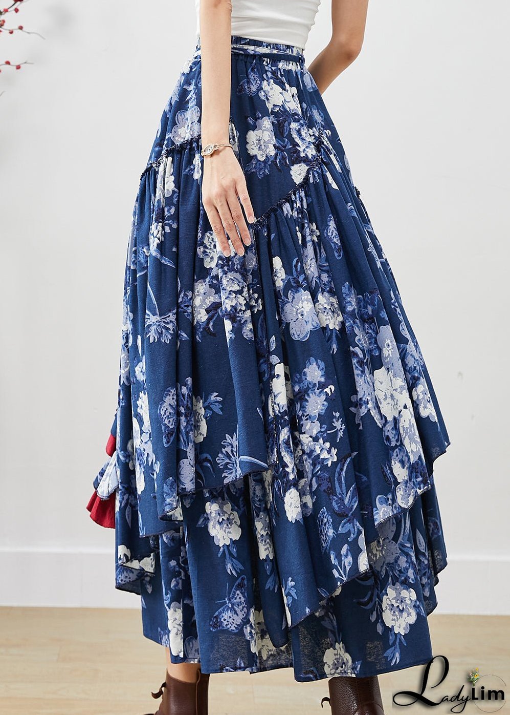 Blue Floral Cotton Skirts Asymmetrical Exra Large Hem Fall