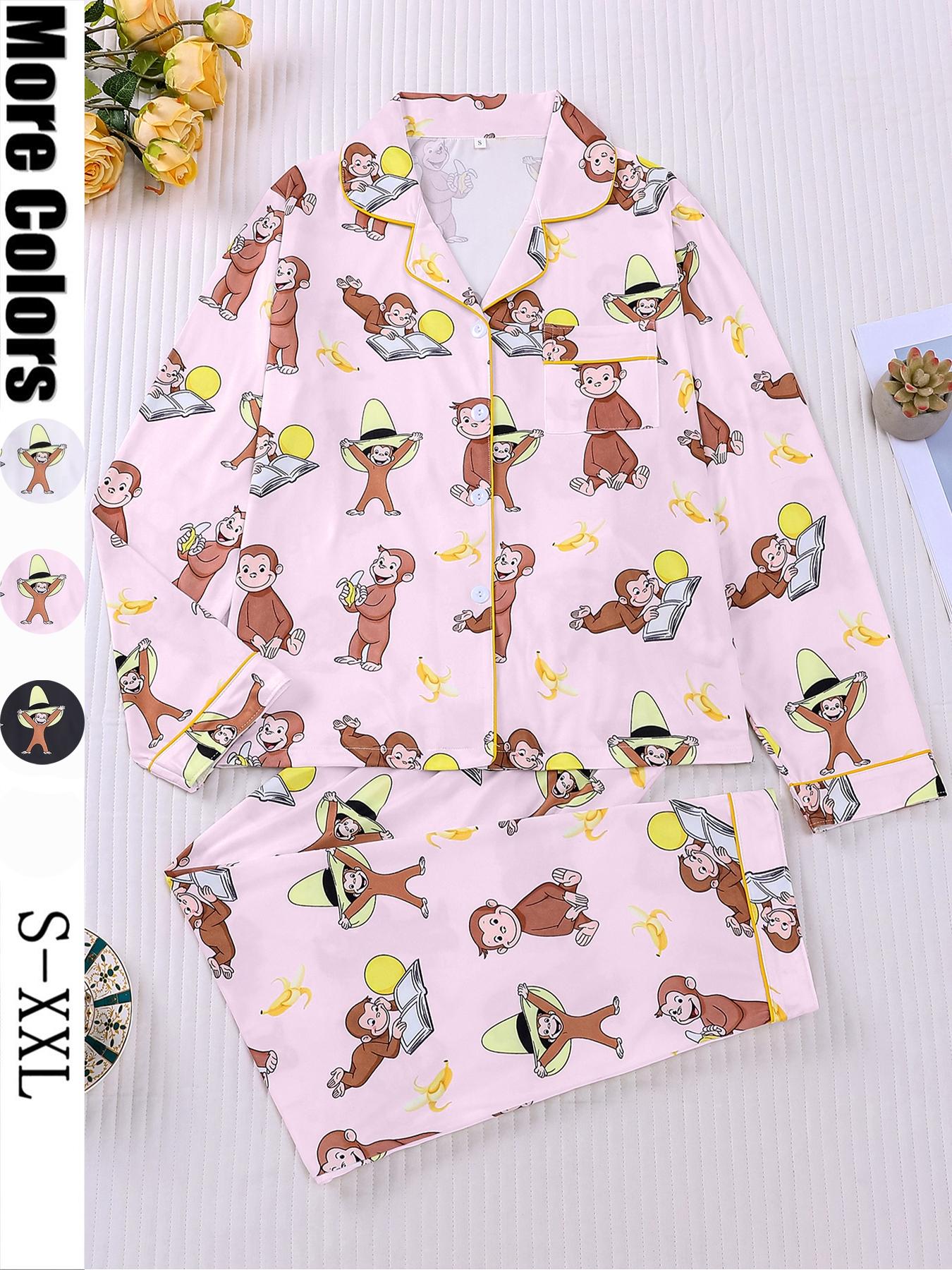 Women's Monkey Banana Print Pajama Set Pyjamas Pjs, Comfortable Fit Long Sleeve Button Shirt & Elastic Pants, Casual Everyday Home Wear Loungewear for All Seasons