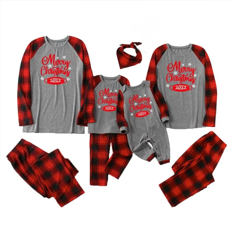 Christmas Letters Printed Plaid Parent-child Pajama Set (with Pet Dog Clothes)