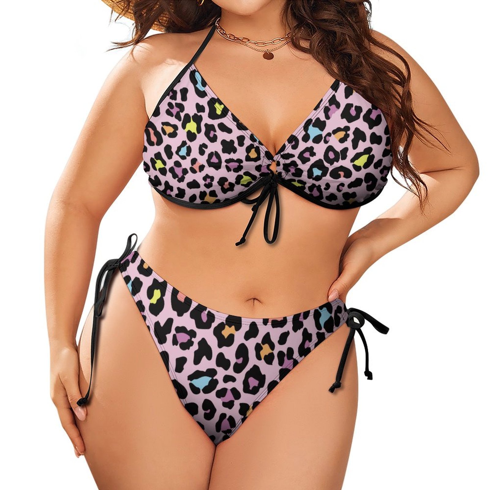 Women's Leopard Plus Size Triangle Bikini String Two Piece Halter Tie Side Swimsuit