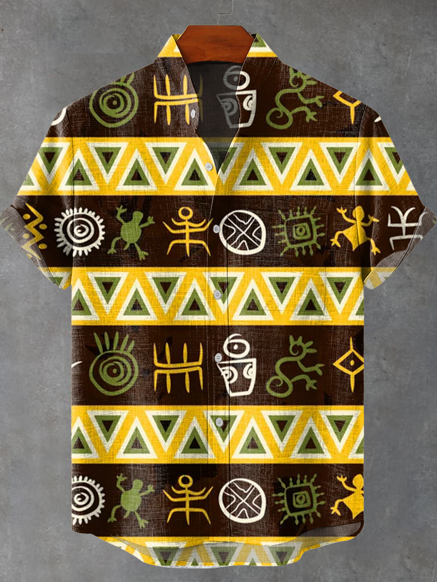 Vintage Abstract African Diverse Ethnic Totem Stripe Art Print Casual 100% Cotton Shirt