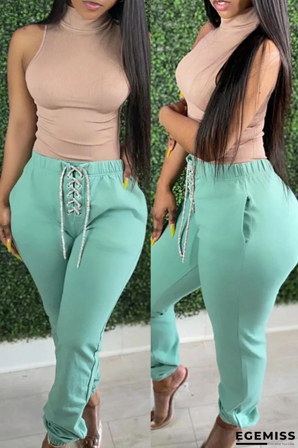 Green Fashion Casual Solid Strap Design Regular High Waist Trousers | EGEMISS