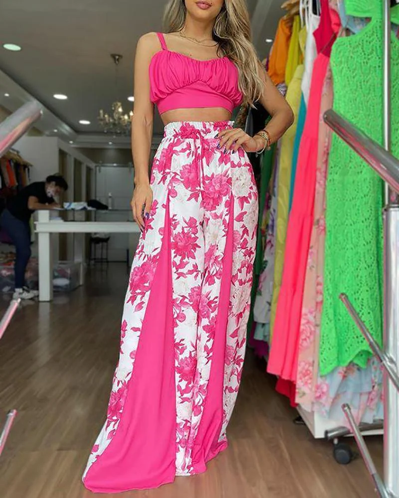 Two-piece set of cropped suspender top & printed wide-leg pants