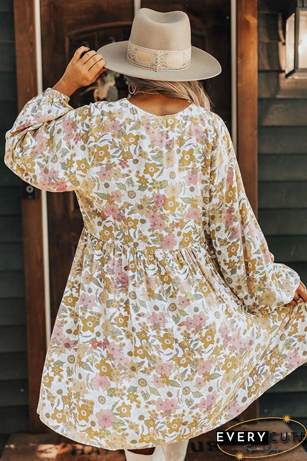 V Neck Puff Sleeve Floral Dress with Pocket