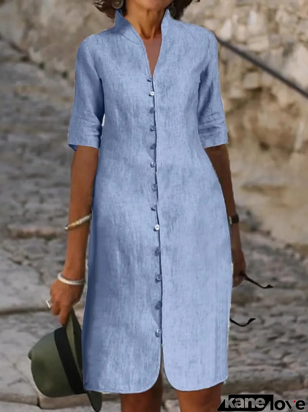 Women's Casual Dress Cotton Linen Dress Shift Dress Midi Dress Cotton Blend Basic Modern Outdoor Daily Vacation Stand Collar Button Half Sleeve Summer Spring Fall Loose Fit Blue Plain S M L XL