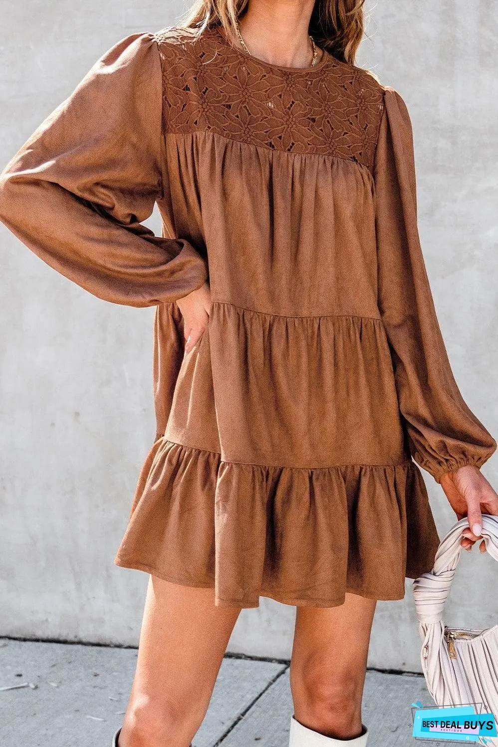 Chestnut Floral Lace Crochet Tiered Ruffled Mini Dress
