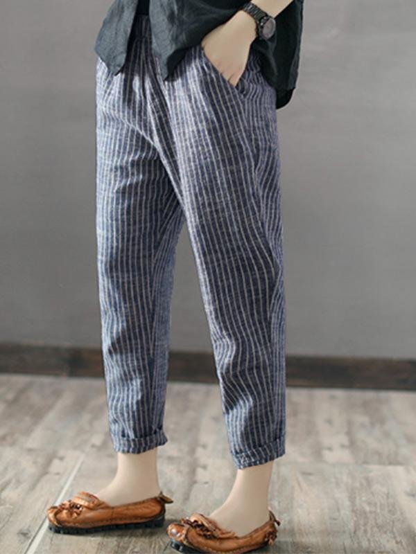Ladies Striped Comfortable Loose Cotton Linen Casual Pants-luchamp:luchamp