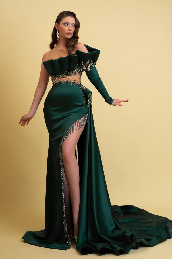 Daisda Dark Green One Long Sleeve Beaded Split Evening Dress Gown With Tassels