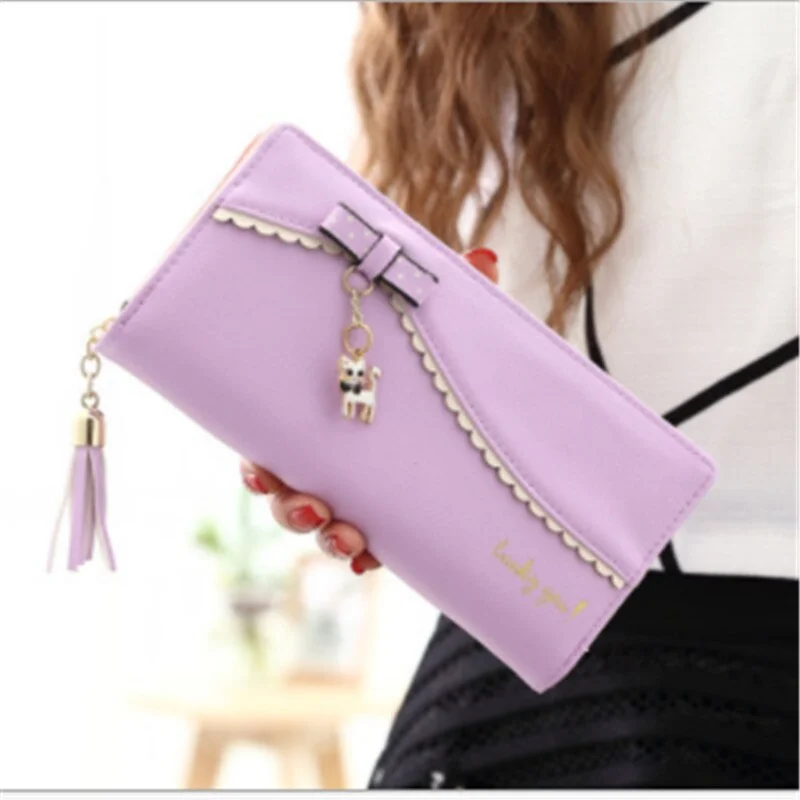 PU Leather Long Wallet Women Card Holder Purse Sweet Bow Cute Cat Pendant Tassel Ladies Clutch Phone Money Coin Bag Portemonnee