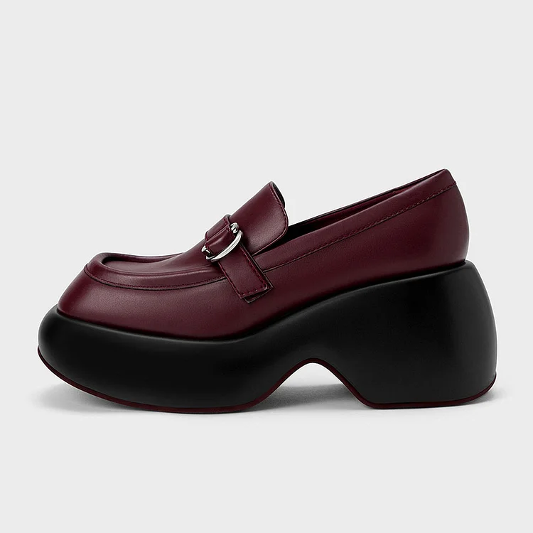 Burgundy Square Toe Chunky Heel Platform Loafers with Buckle Decor |FSJ Shoes