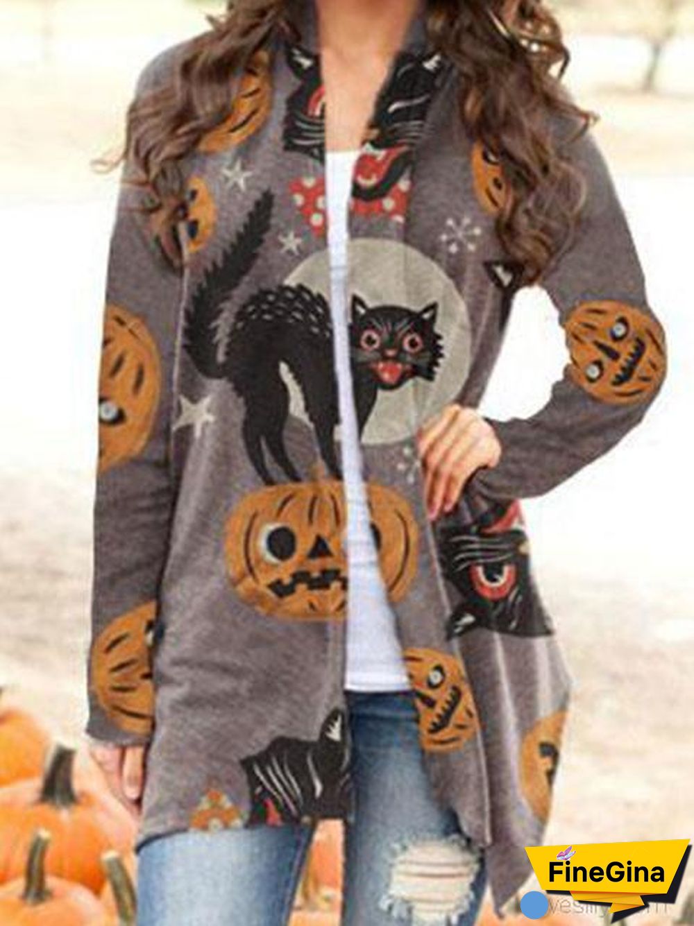 Halloween Animal Cat Pumpkin Print Cardigan