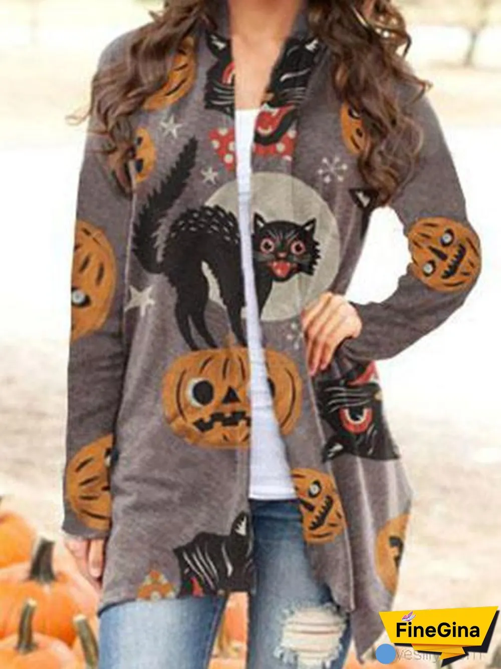 Halloween Animal Cat Pumpkin Print Cardigan