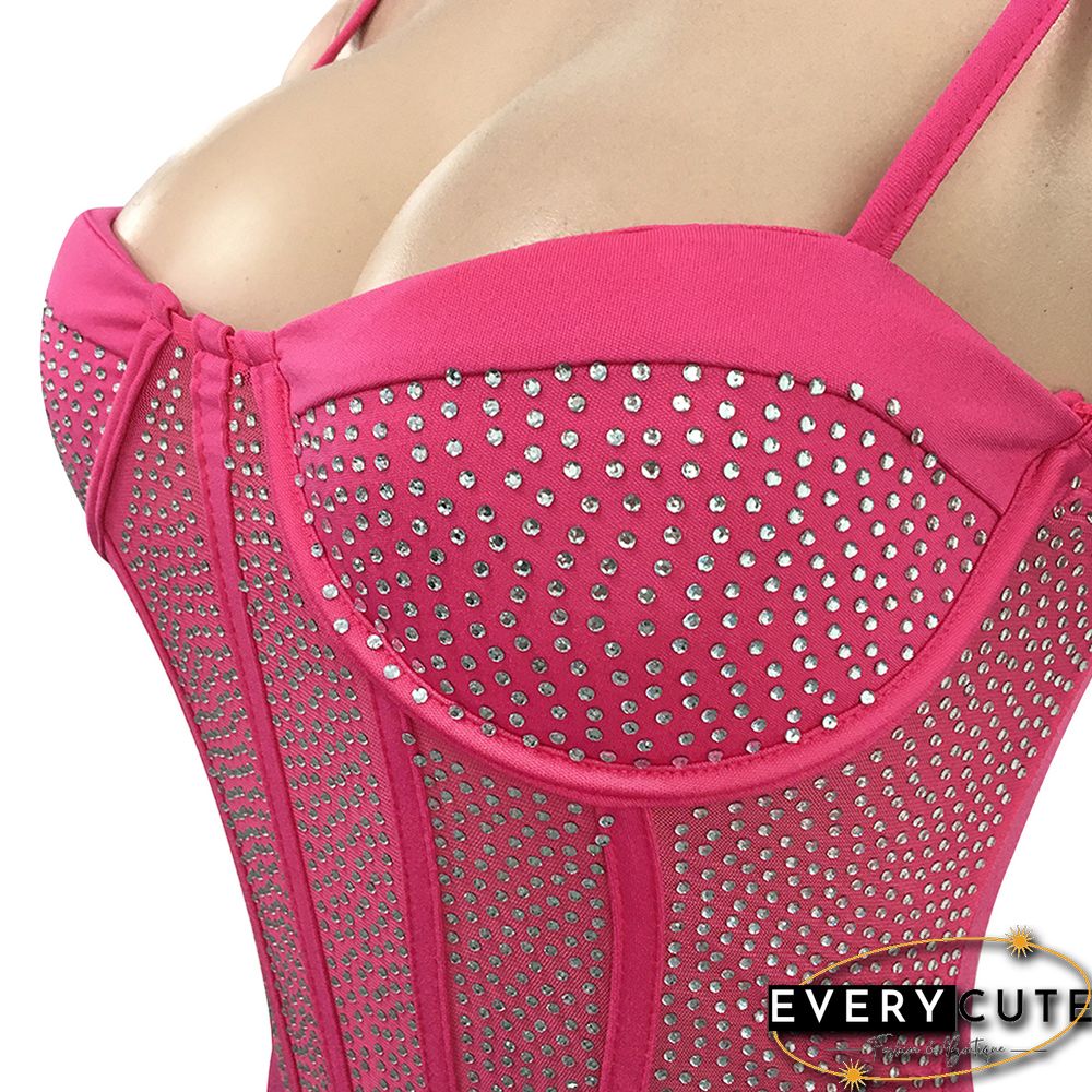 Rosy Solid Mesh Rhinestone Bodycon Dress