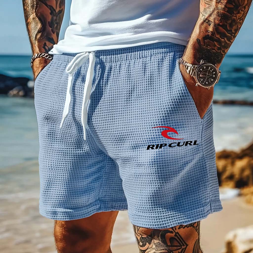 Men's Vintage Waffle Knit Elastic Drawstring Light Blue Walkshort Surf Shorts