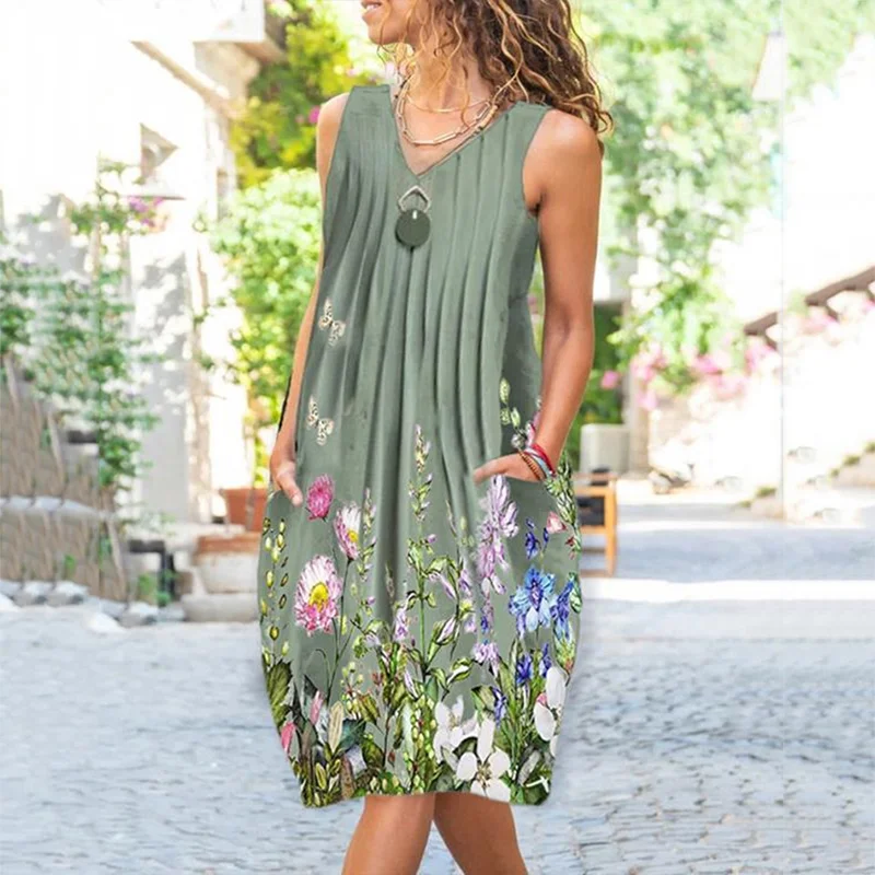 Casual Print Sleeveless Midi Dress