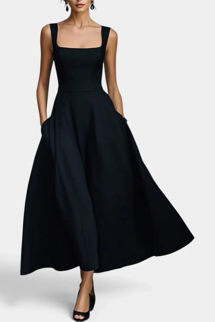 Structured Square Neck Midi Dress with Pockets