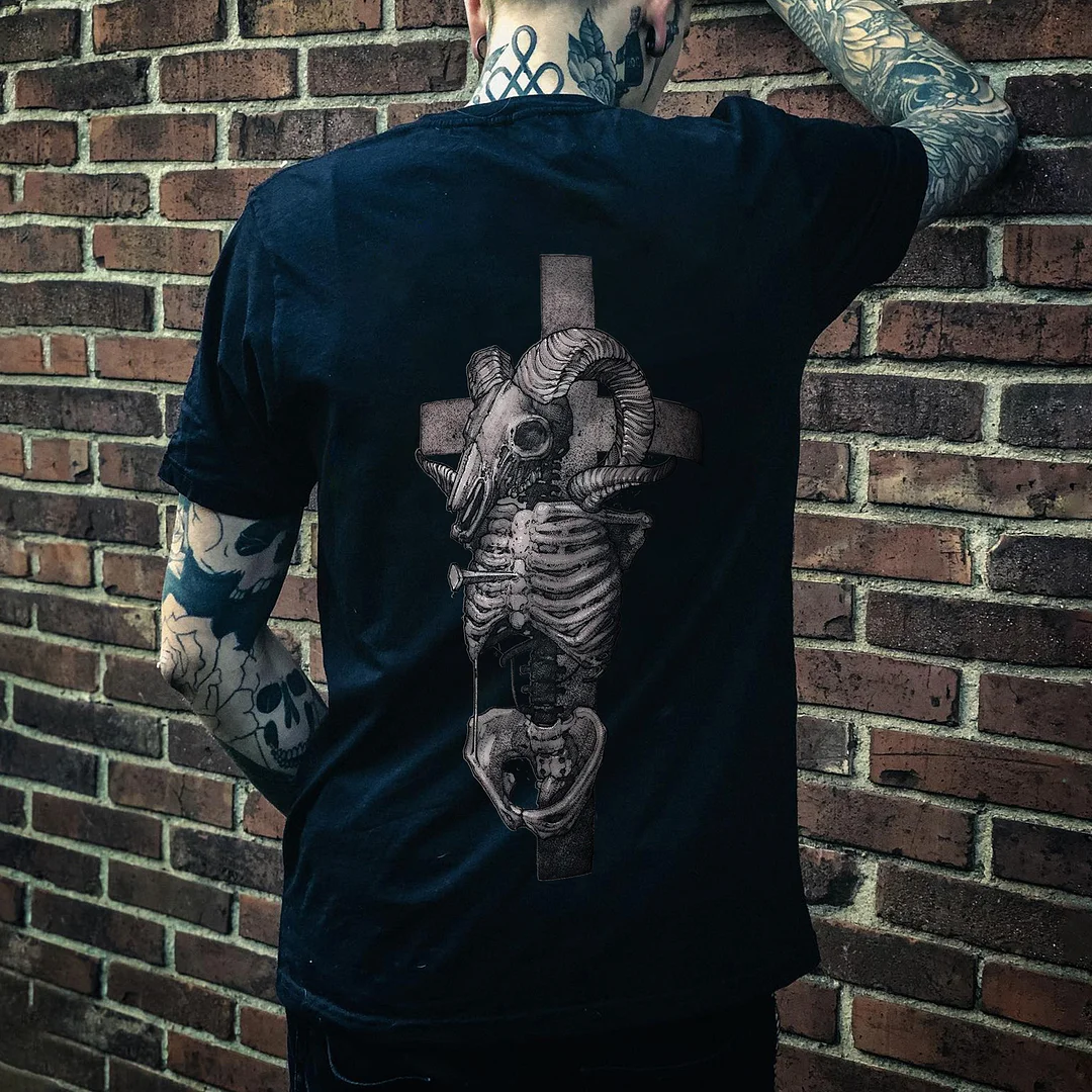 Satanic Goat Skeleton Printed Men's T-shirt -  