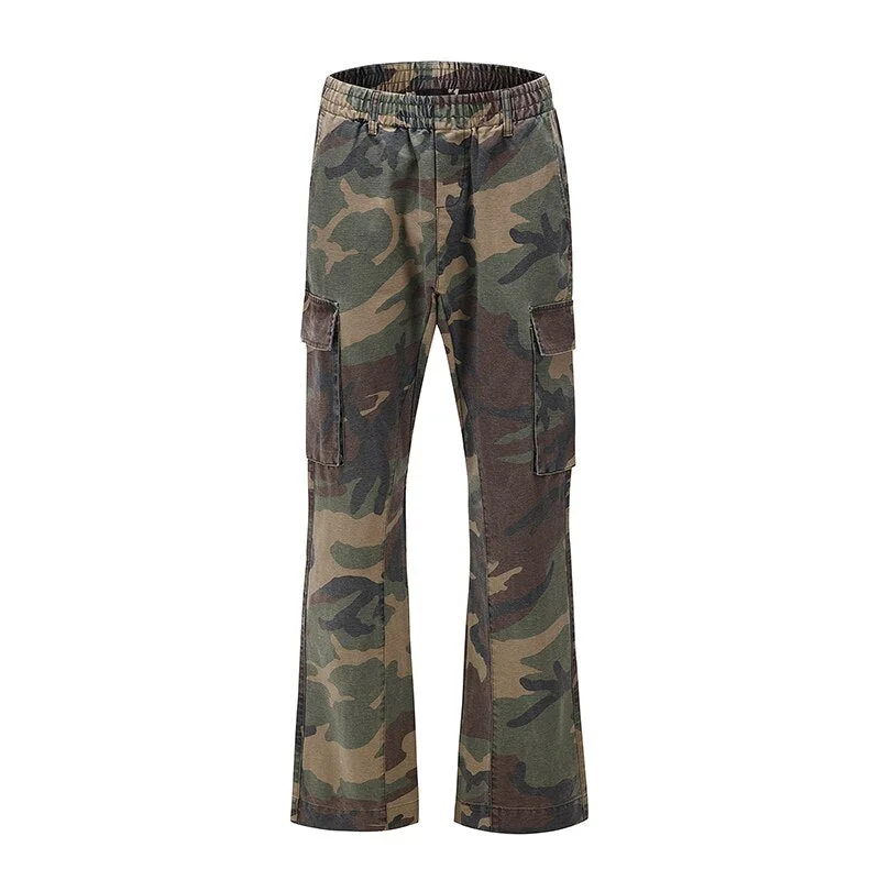 Harajuku Men's Overalls Camouflage Casual Trumpet Trousers Loose Multi-pocket Streetwear Denim Pants Hip Hop Flare Pants