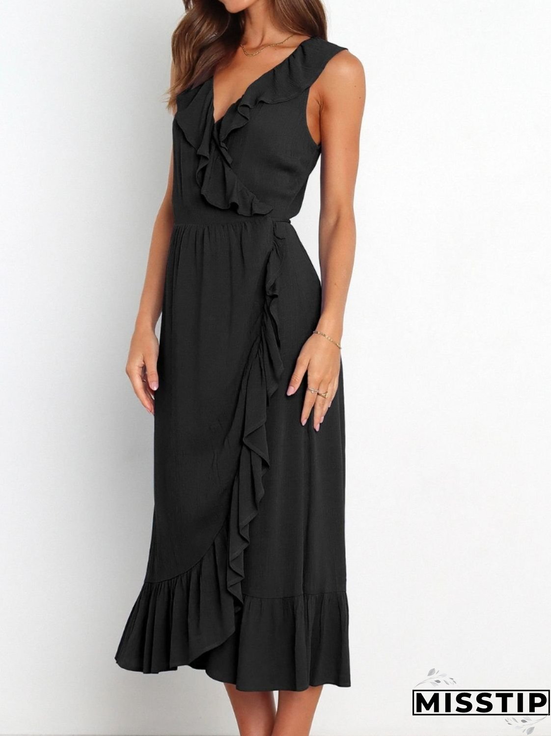 Ruffled Surplice Sleeveless Midi Dress