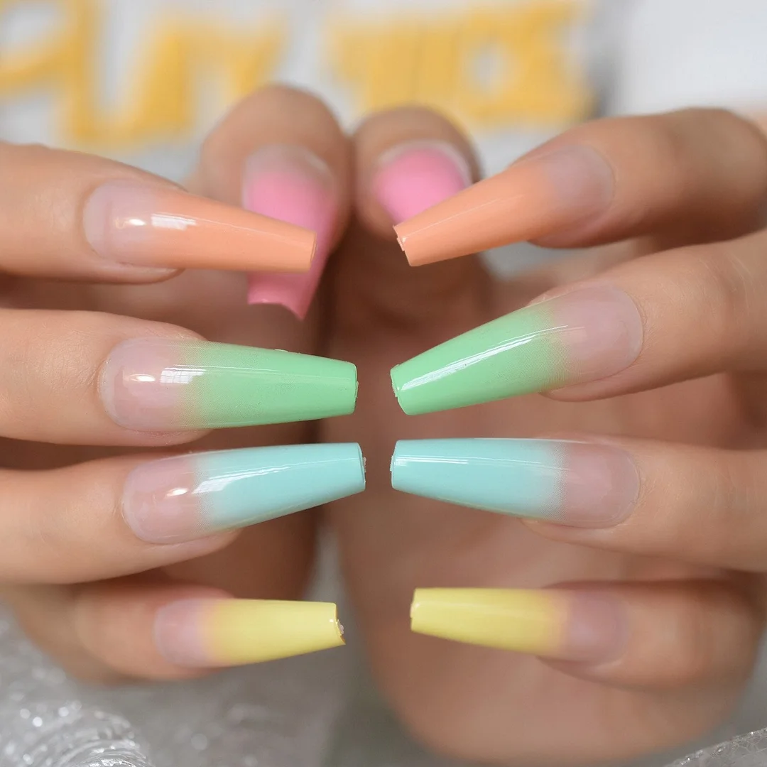 Rainbow Long Press on Nails Coffin Glossy Nude Ombre Fake Nails Set Colorful Ballet Acrylic False Artificial Nail Tips For Women