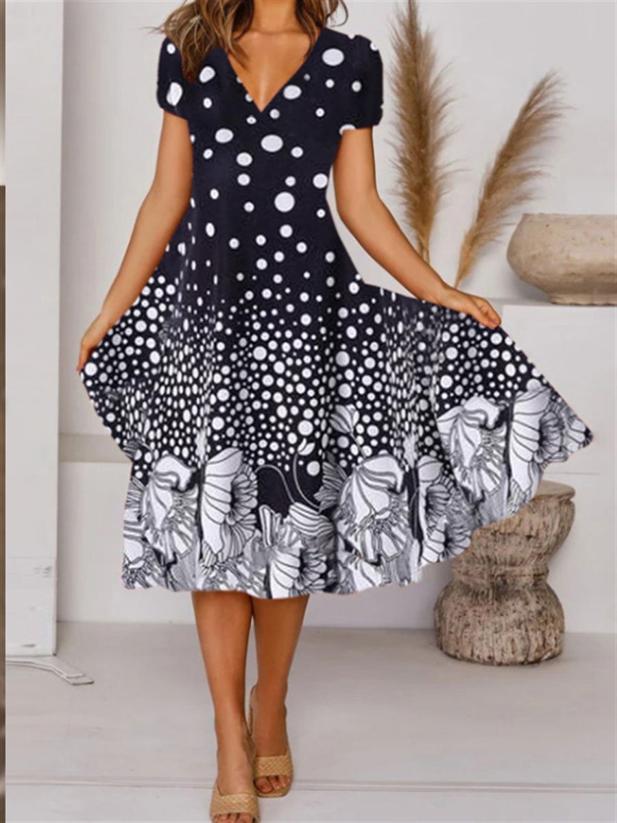 Women Short Sleeve V-neck Printed Midi Dress