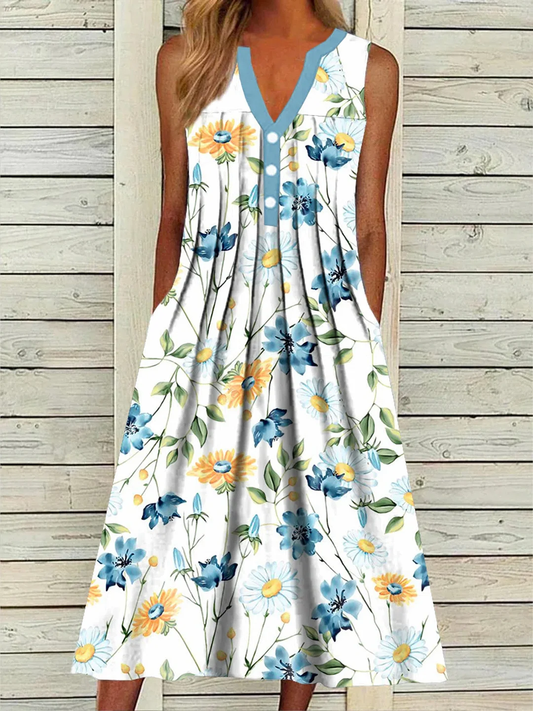 Women's Sleeveless V-neck Floral Printed Buttons Midi Dress