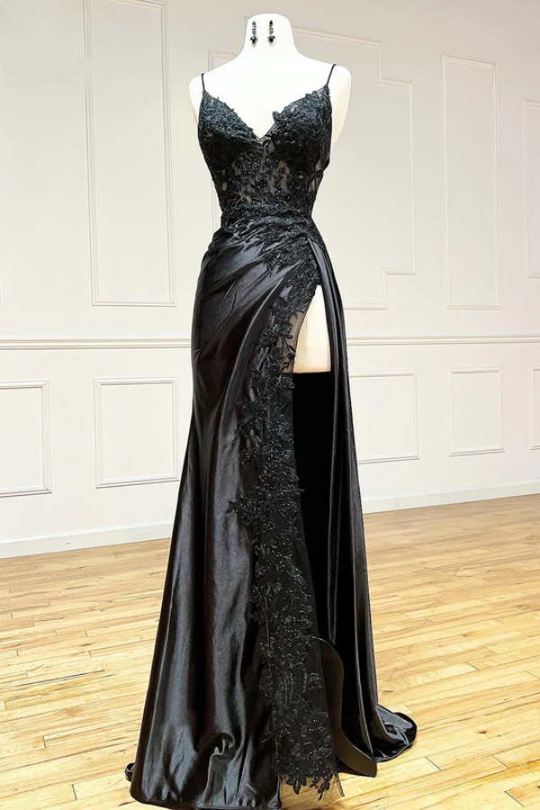Lisliy Black V Neck Spaghetti Strap Sleeveless Long Split Prom Dress with Embroidered