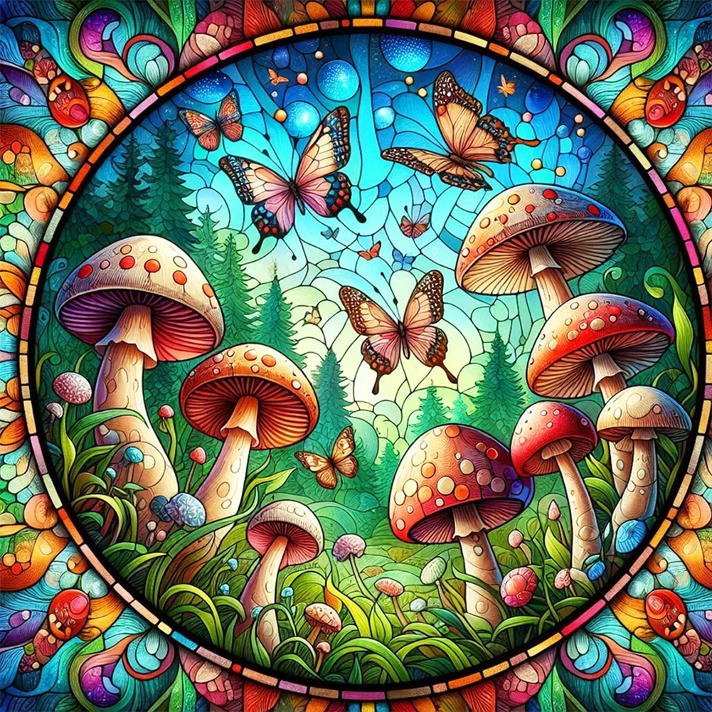 Full Round Diamond Painting - Stained Glass Butterfly Mushroom(Canvas|30*30cm)