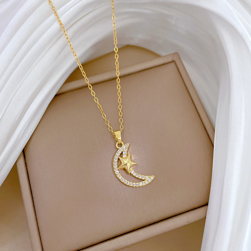 Stars And Moon Full Diamond Gorgeous Full Diamond Necklace Women’S Versatile Clavicle Chain Titanium Steel Chain