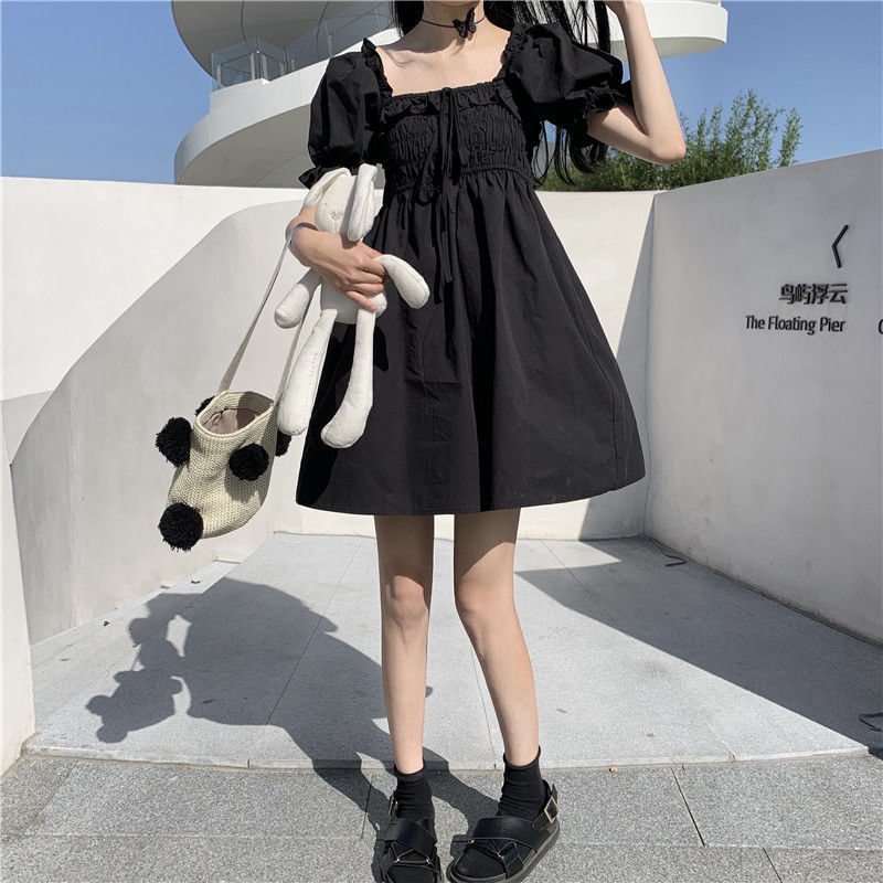 Dress Women Black Fairy Puff Sleeve Sweet Mini Vintage Party Lovely Female Simple Japanese Style Popular Summer Square Collar