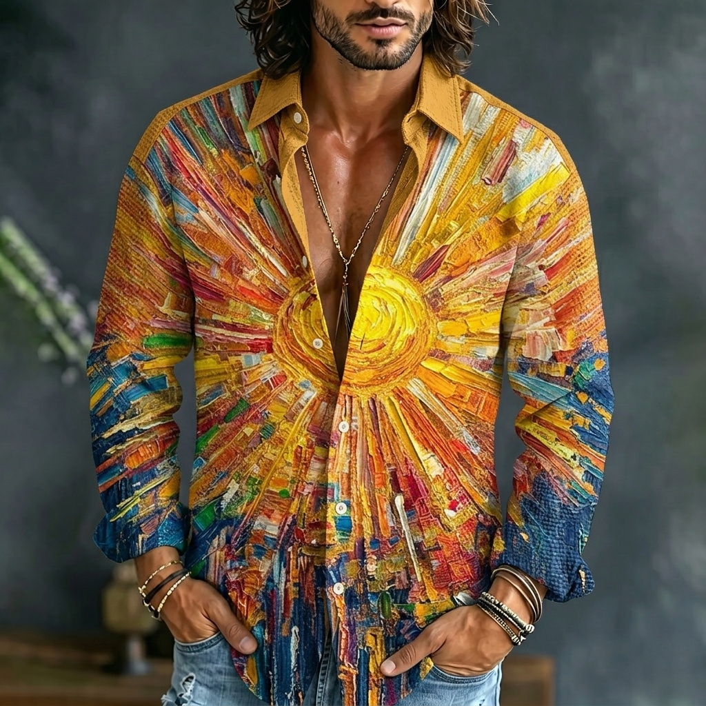 Comstylish Men's Hippie Oil Painting Textured Sun Print Shirt