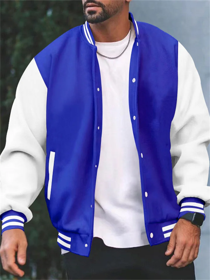 Men's Baseball Jacket Trend Solid Color Collision Color Sweater Casual Versatile Men's Loose Stand-up Collar Coat Teenage Cardigan-Cosfine