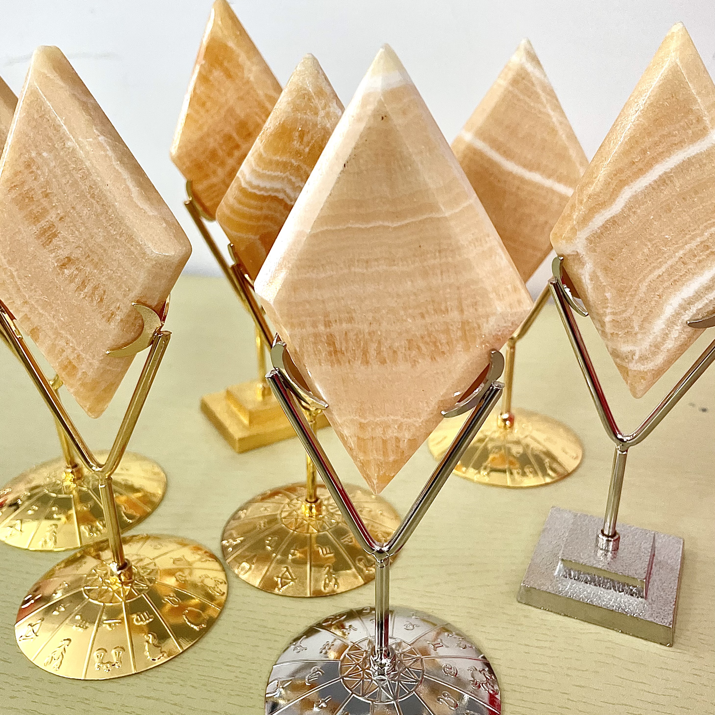 Yellow Calcite Diamond/Rhombus on Stand 1set