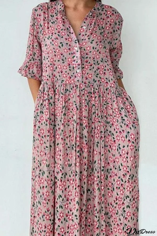 Floral Button Flares Sleeve Dress