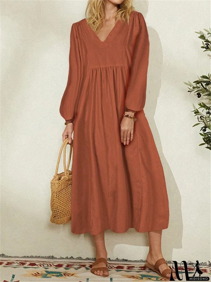 MidiSono - V-Neck Loose Puff Long Sleeve Dresses