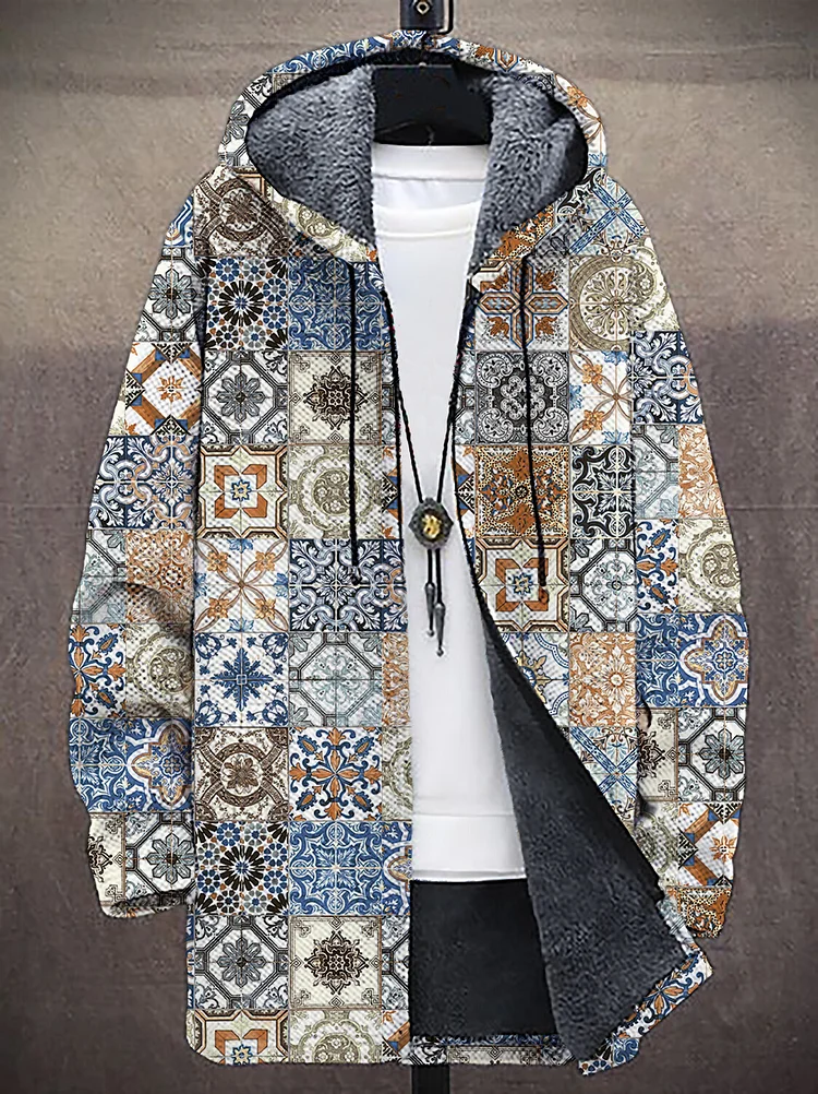 Men's Southeast Asian Retro Ethnic Pattern Art Print Fleece Lined Hooded Trench Coat
