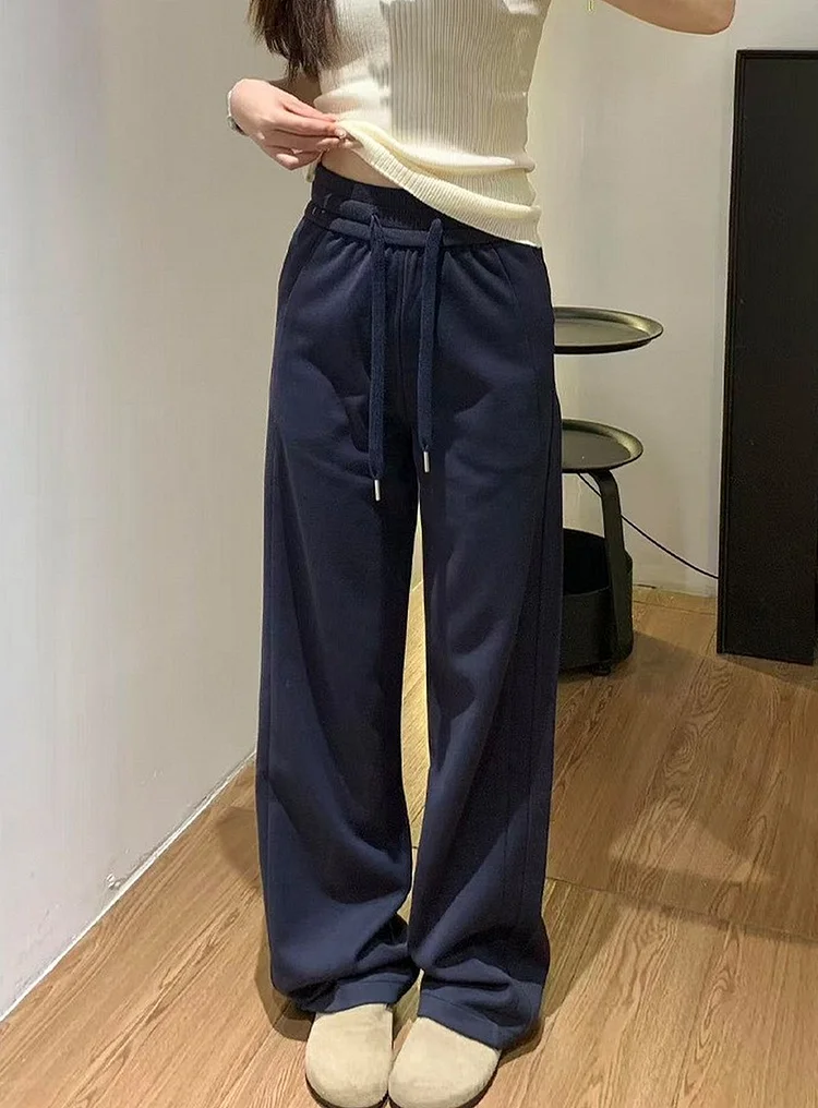 High Waisted Knit Wide Leg Pants for Women in Navy