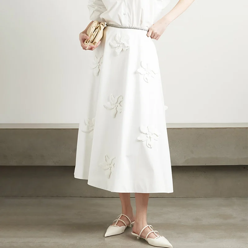 Toloer Toloer Sense A Word Skirt 2024 Summer New Fashion Three-Dimensional Flower Splicing High Waist Versatile Long Skirt Woman-Outfit Ideas