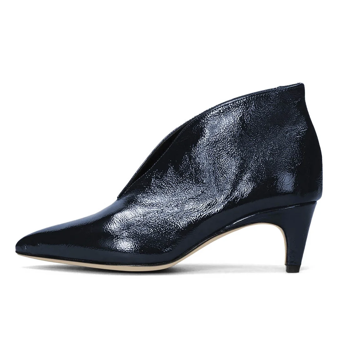 Navy Pointed Toe Low Kitten Heel Slip On Ankle Boots for Women