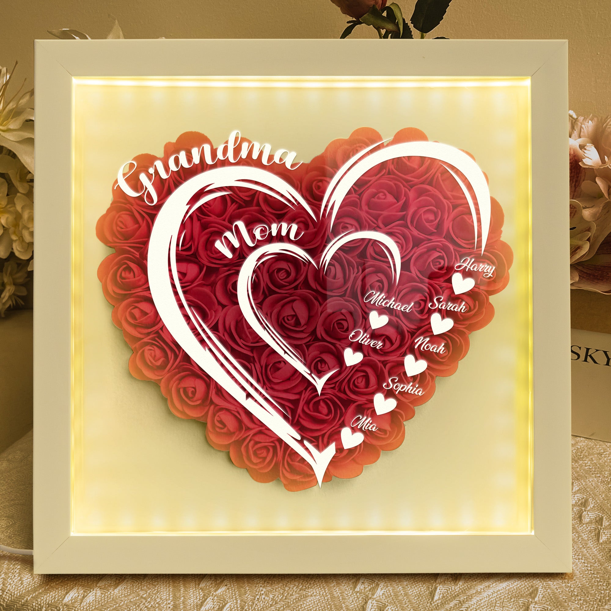Loveyoufancy Mom Grandma Hearts Custom Kids' Names - Personalized Flower Shadow Box With LED Light