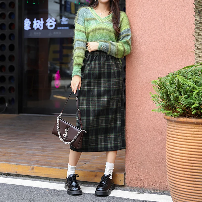 Green Plaid Printed Vintage Casual A-line Skirt