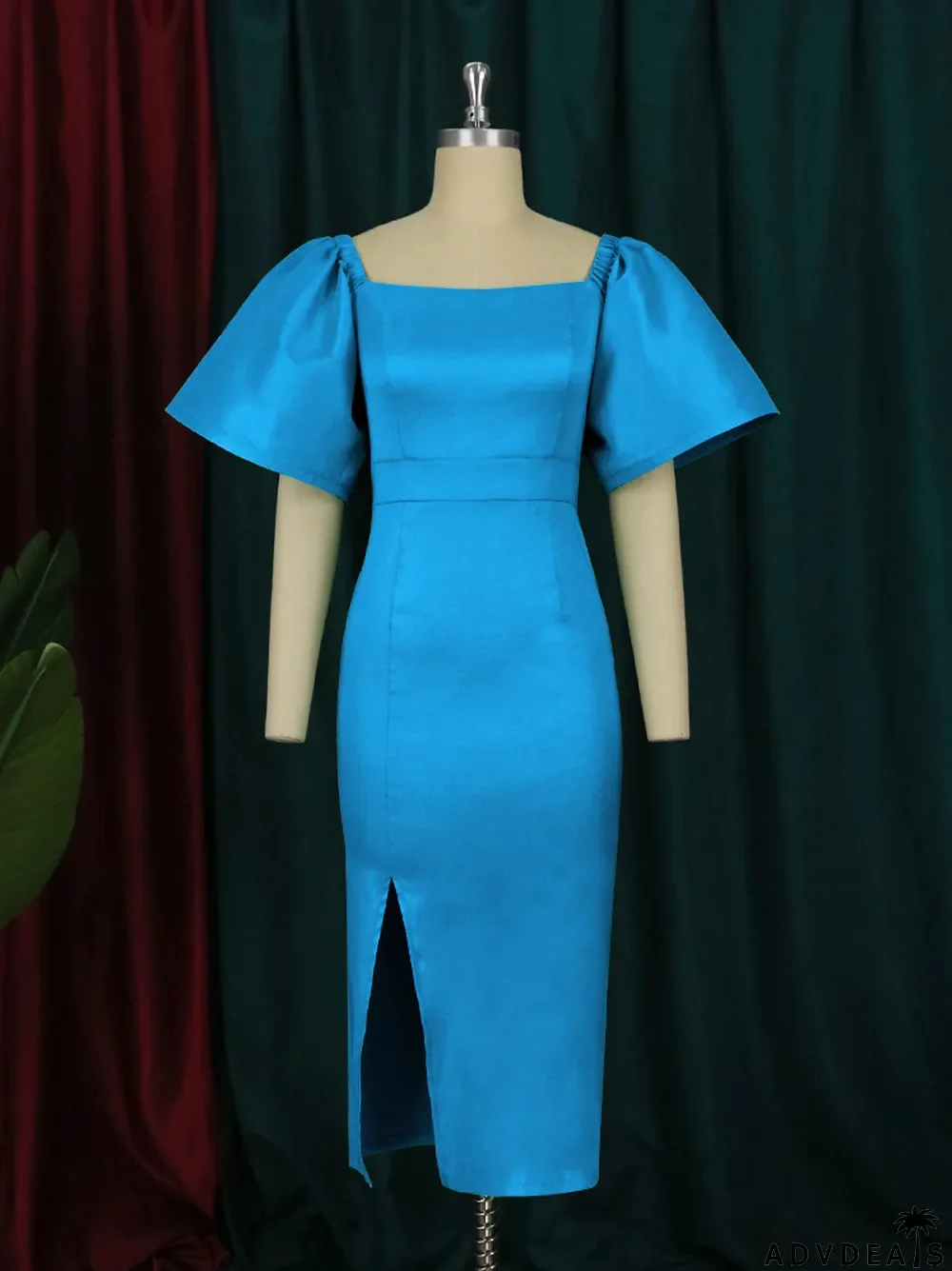 Summer Women's Solid Color Slim Puff Sleeve Dress Sexy Split Patty Dress