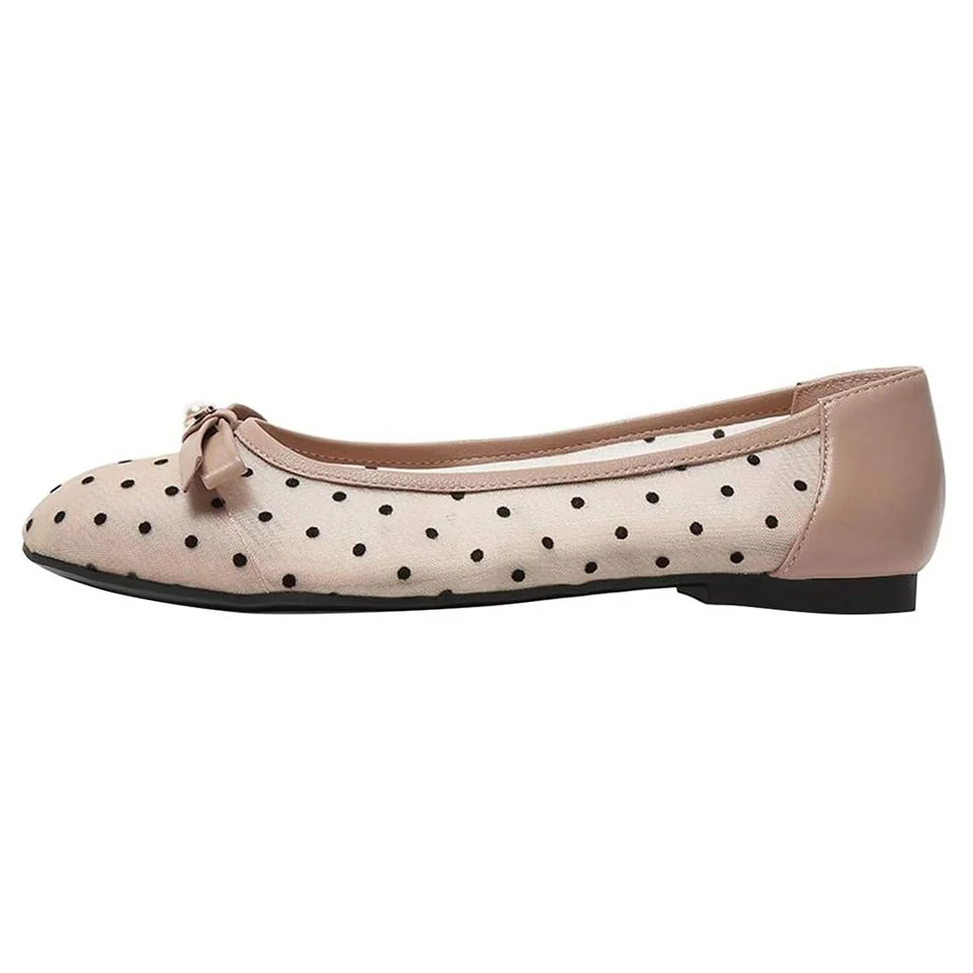 Mesh Round Toe Polka Dot Pearl Bow Flat Shoes for Women in Nude
