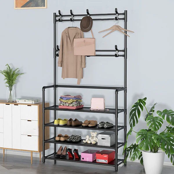 GLVEE Household Hall Tree with Shoe Rack for Entryway,8 Hooks Coat Rack