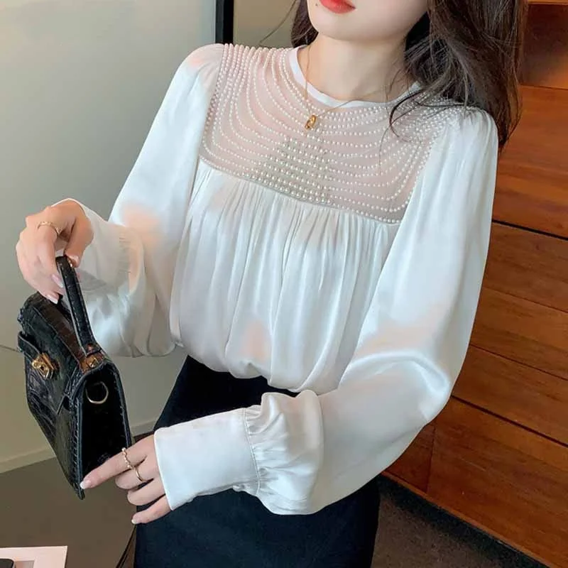 Elegant Mesh Satin Chiffon Shirt Long Sleeve Pleated Loose Vintage Blouse Autumn Casual O-neck Beading Stitching Blouse 17049